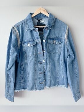 Baccini Fringe Jean Jacket XL medium wash denim jacket coat western cowgirl